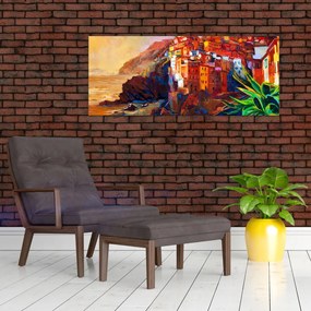 Tablou - Satul de coastă Cinque Terre, Riviera italiană, impresionismul modern (120x50 cm)