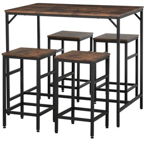 HOMCOM Masă Bar cu 4 Taburete, Stil Industrial, Picioare Antialunecare, Ideal pentru Bucătărie și bar, Maro, 100x60x88 cm | Aosom Romania