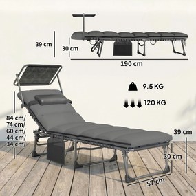 Outsunny Șezlong 5 poziții reglabil, cu copertină, pernă, suport pentru cap și buzunar lateral, 190x57x30cm, Gri închis | Aosom Romania
