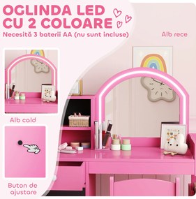 AIYAPLAY Set masă și scaun de machiaj pentru copii, cu lumini LED, MDF, Acril, 88.6 x 38.8 x 96.9, Roz | Aosom Romania