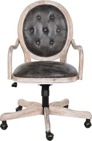 Scaun vintage de birou din piele ecologică maro închis cu roți și înălțime reglabilă, lemn cu finisaj alb antichizat, „Régent"