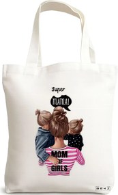 Sacosa de Panza pentru Cumparaturi, Geanta Tote, model Super Mama, 38x34.5 cm, Alba, BEKZ®