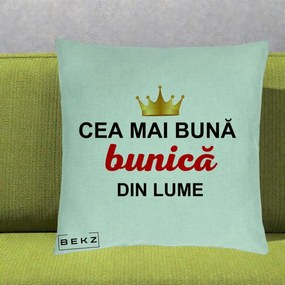 Cadou pentru Bunica - Perna Personalizata Cea Mai Buna Bunica Din Lume Coroana Aurie, 40x40 cm, Verde Menta, Husa Detasabila, Perna Inclusa, BEKZ®
