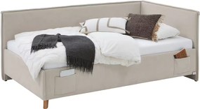 Boxspring tip divan 90x200 cm, cu lada de depozitare, USB charger, culoare crem, material țesătură