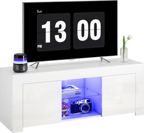 HOMCOM Dulap TV cu iluminare LED, 2 uși, raft din sticlă, orificii pentru cabluri, pentru living, placă aglomerată, Alb | Aosom Romania