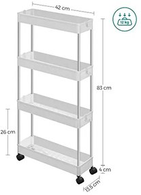 Organizator cu roti, Songmics, 42 x 13.5 x 87 cm, 4 rafturi, KSC08WT, Alb