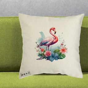 Perna Decorativa Flamingo cu Flori Tropicale Acuarela, 40x40 cm, Ecru, Husa Detasabila, Perna Inclusa, BEKZ®