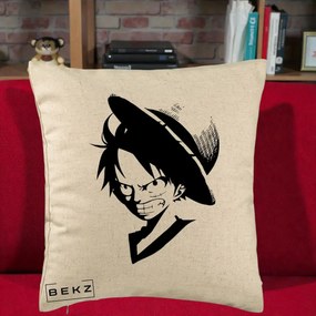 Perna Personalizata One Piece Luffy Silueta Alb-Negru, 40x40 cm, Bej, Husa Detasabila, Perna Inclusa, BEKZ®