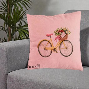 Perna Decorativa Bicicleta Galbena cu Cos de Flori Primavara, 40x40 cm, Roz, Husa Detasabila, Perna Inclusa, BEKZ®