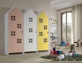 Set 3 dulapuri pentru copii Casami Bruges tip colibă de plajă – 1 cu ușă albă, 1 cu ușă Roz Confortabil și 1 cu ușă Galben Strălucitor – Vipack