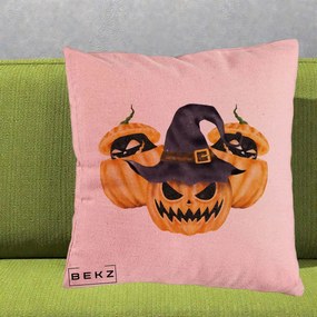 Perna Decorativa Trio Dovleci Jack-o-Lantern cu Palarie Vrajitoare, 40x40 cm, Roz, Husa Detasabila, Perna Inclusa, BEKZ®