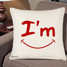 Perna Decorativa I'm Happy Smile, 40x40 cm, Crem Reliefat, Husa Detasabila, Perna Inclusa, BEKZ®