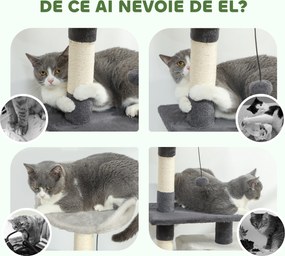 PawHut Ansamblu de joacă pentru pisici cu căsuță, Culcuș, Stâlpi și Covor, 85cm, Gri | Aosom Romania