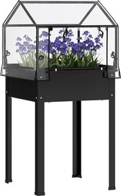 Outsunny Jardinieră cu acoperiș de seră, cutie ridicată pentru plante cu orificii de drenaj, 60 x 60 x 120 cm, Negru | Aosom Romania