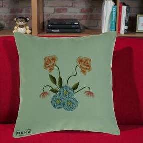 Perna Decorativa Trandafiri si Bujori Acuarela, 40x40 cm, Verde, Husa Detasabila, Perna Inclusa, BEKZ®