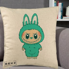 Perna Personalizata Labubu Turcoaz, 40x40 cm, Bej, Husa Detasabila, Perna Inclusa, BEKZ®