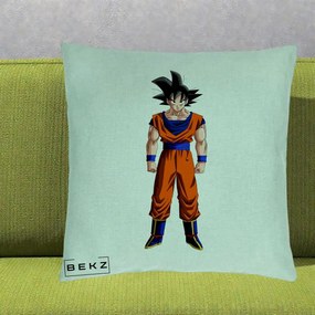 Perna Personalizata Dragon Ball Goku Complet in Gi Portocaliu, 40x40 cm, Verde Menta, Husa Detasabila, Perna Inclusa, BEKZ®