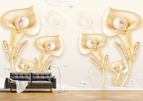 Tapet Premium Canvas - Abstract flori aurii cu perle albe