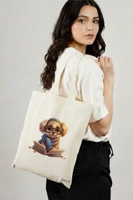 Sacosa de Panza pentru Cumparaturi, Geanta Tote, model Reading puppy 22 38 x 34.5 cm, Alba, BEKZ®