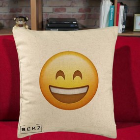 Perna Decorativa Emoji Zambet Mare, 40x40 cm, Bej, Husa Detasabila, Perna Inclusa, BEKZ®