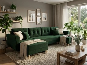 Canapea extensibila in forma de U SILVIANO 300x140 cm, verde inchis + 2 pernute CADOU