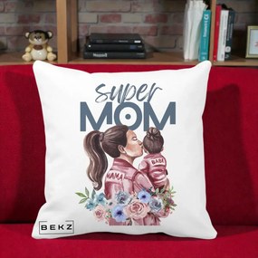 Cadou pentru Mama - Perna Personalizata Super Mom Mama cu Bebelusul, 40x40 cm, Alba Mata, Husa Detasabila, Perna Inclusa, BEKZ®