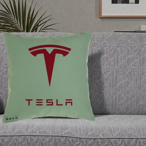 Perna Personalizata cu emblema Tesla, 40x40 cm, Verde, Husa Detasabila, Perna Inclusa, BEKZ®