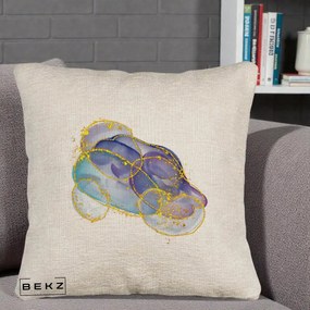 Perna Decorativa Abstract Acuarela Albastru-Mov cu Cercuri Aurii, 40x40 cm, Bej Canapea, Husa Detasabila, Perna Inclusa, BEKZ®