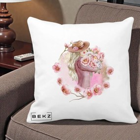 Perna Decorativa Femeie cu Flori Roz Acuarela, 40x40 cm, Alba Mata, Husa Detasabila, Perna Inclusa, BEKZ®