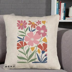 Perna Decorativa Flori Grafice Roz si Terracotta, 40x40 cm, Bej Canapea, Husa Detasabila, Perna Inclusa, BEKZ®