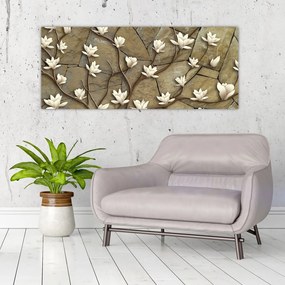 Tablou - Magnolii albe pe zidărie de piatră (120x50 cm)
