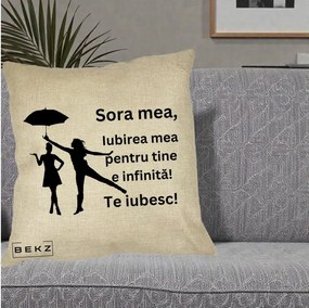 Cadou pentru Sora - Perna Personalizata Sora Mea Te Iubesc Siluete Negre cu Umbrela, 40x40 cm, Crem, Husa Detasabila, Perna Inclusa, BEKZ®