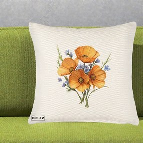 Perna Decorativa Maci Portocalii cu Floricele Albastre, 40x40 cm, Crem Reliefat, Husa Detasabila, Perna Inclusa, BEKZ®