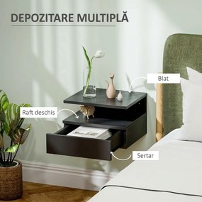 HOMCOM Noptieră Suspendată cu Sertar și Raft Superior din Lemn, 35x32x22,5 cm, Negru | Aosom Romania