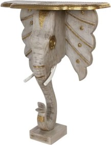 Consolă îngustă în stil etnic, din lemn de mango, gri, cu inserții de alamă și bază sculptată în formă de cap de elefant, 96 x 80 x 30 cm, „Elephas”
