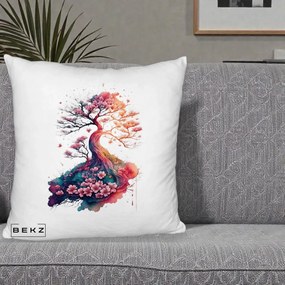 Perna Decorativa Copac Sakura Acuarela Fantasy, 40x40 cm, Alb Pufos, Husa Detasabila, Perna Inclusa, BEKZ®