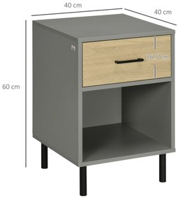 Set de 2 Noptiere, Masa Laterala cu Sertar, Raft de Depozitare, Masa laterala pentru Camera de Zi Dormitor, Gri si Stejar HOMCOM | Aosom RO