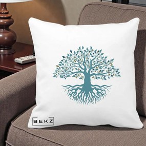Perna Decorativa Copacul Vietii Teal cu Radacini, 40x40 cm, Alba Mata, Husa Detasabila, Perna Inclusa, BEKZ®