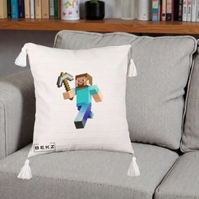 Perna Personalizata Minecraft Steve cu Tarnacop, 40x40 cm, Bej cu Franjuri, Husa Detasabila, Perna Inclusa, BEKZ®