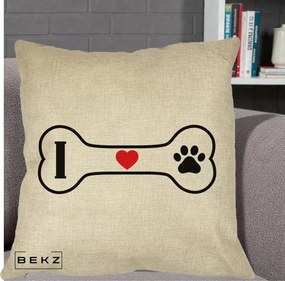 Perna Personalizata I Love Dog Os si Labuta, 40x40 cm, Crem, Husa Detasabila, Perna Inclusa, BEKZ®