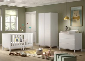 Set Complet Cameră Copii EVA: Pătuț Transformabil 70x140 cm, Comodă cu 3 Sertare, Masă de Înfășat și Dulap 2 Uși, Alb – Vipack
