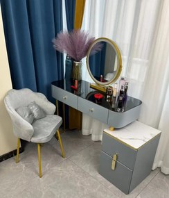 RESIGILAT Set Rochelle, Masă de toaletă pentru machiaj cu oglindă iluminată LED, control touch, 4 sertare, comodă, scaun, Gri/Negru