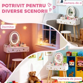 AIYAPLAY Set Măsuță și Scaun pentru Copii cu Oglindă cu Lumini LED în 3 Culori, Sertar, Cutii de Depozitare, pentru 3+ Ani, Alb | Aosom Romania