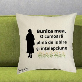 Cadou pentru Bunica - Perna Personalizata Bunica Mea Comoara Iubire Intelepciune Silueta cu Nepoata, 40x40 cm, Ecru, Husa Detasabila, Perna Inclusa, BEKZ®