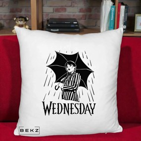 Perna Personalizata Wednesday cu Umbrela Ploaie Lineart, 40x40 cm, Alb Pufos, Husa Detasabila, Perna Inclusa, BEKZ®
