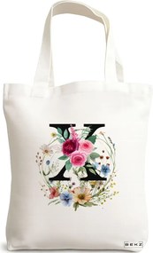 Sacosa de Panza pentru Cumparaturi, Geanta Tote, Cu litera X in Coronita Florala, 38x34.5 cm, Alba, BEKZ®