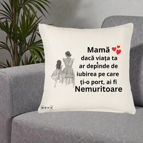 Cadou pentru Mama - Perna Personalizata Mama Nemuritoare Line Art, 40x40 cm, Crem Reliefat, Husa Detasabila, Perna Inclusa, BEKZ®