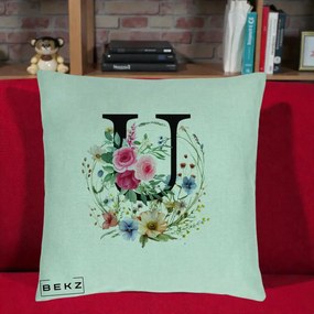 Cadou Personalizat - Perna Personalizata Monogram Litera U cu Flori Acuarela, 40x40 cm, Verde Menta, Husa Detasabila, Perna Inclusa, BEKZ®
