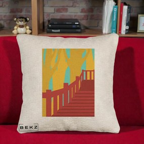Perna Decorativa Scari Toamna Peisaj Grafic, 40x40 cm, Bej Canapea, Husa Detasabila, Perna Inclusa, BEKZ®