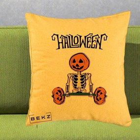Perna Decorativa Halloween Schelet cu Cap de Dovleac Powerlifting, 40x40 cm, Galben, Husa Detasabila, Perna Inclusa, BEKZ®